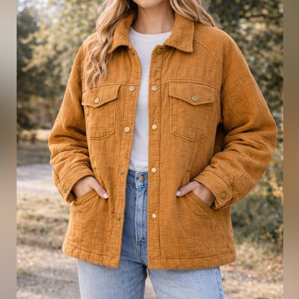 Bucketlist Small Oversized Camel Quilted Shacket Jacket Snap Front Cotton Gauze
